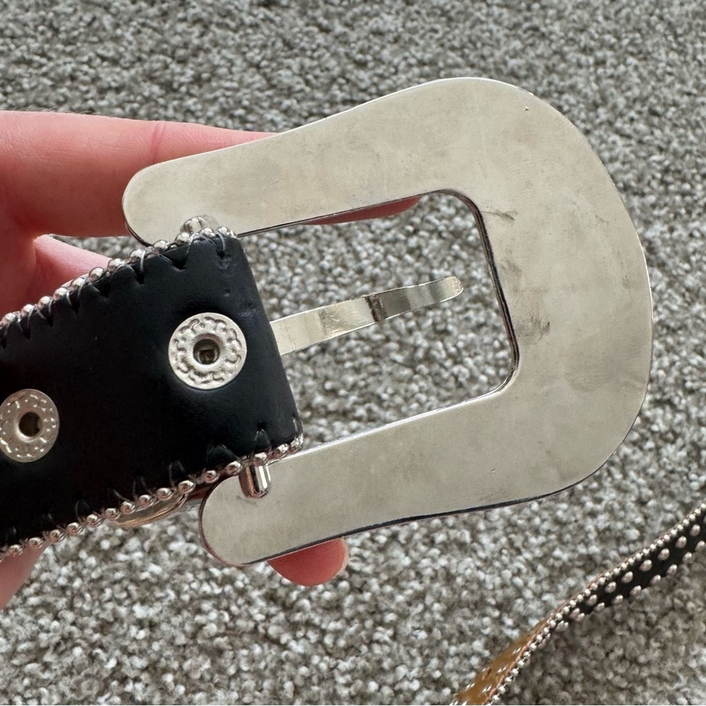 Nocona Leather Belt 26 Black Studded Rhinestone Sliver Bling Cowgirl Y2K Boho‎ - Picture 3 of 14